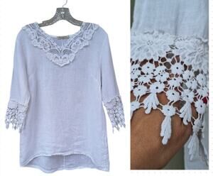 Vanessa Alexandra made in Italy 100% Linen Floral Crochet trim White Size S